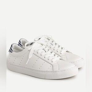 JCrew Saturday Sneakers in White Leather with blue gingham trim on heels.  SZ 9